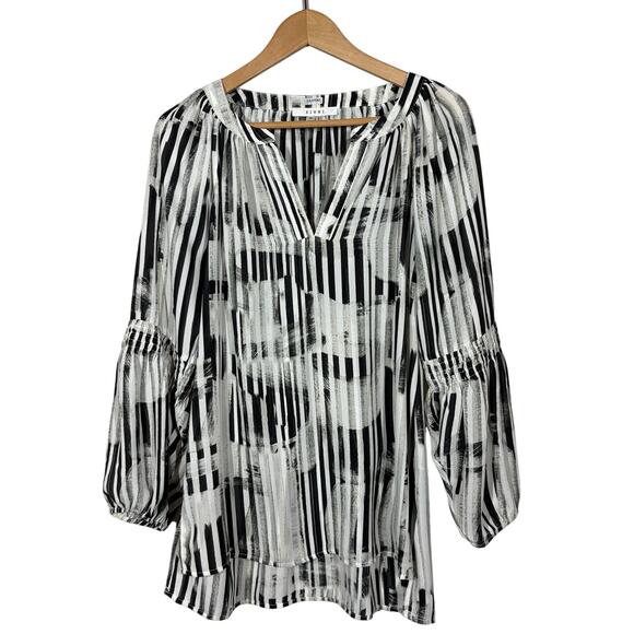 Sioni Bell Sleeve Tunic Top Casual Stripe Mid Mod Pleat Affect Career - M - Picture 1 of 4